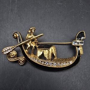 1928 Brand Gondola Boat Brooch Gold Tone Black Rhinestone